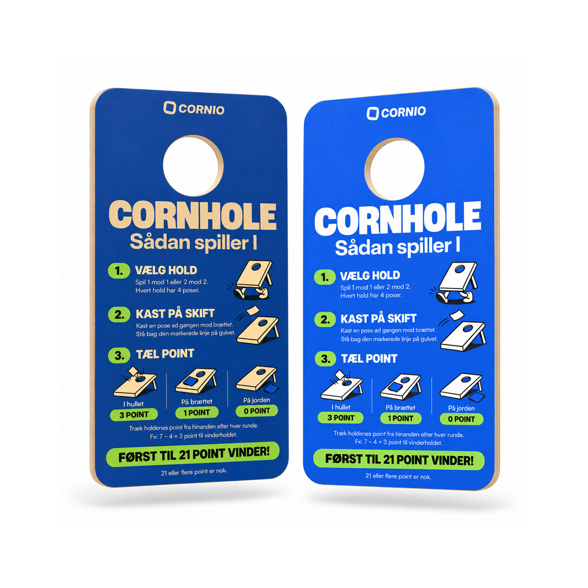 To Cornio mini-cornholeplader med printede spilleregler, afrundede hjÞrner og blÄ designs