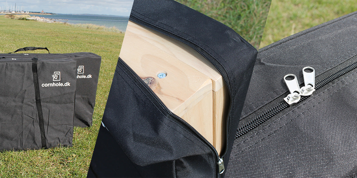 3 billeder som viser features ved cornhole.dk bĂŠrepose til cornholespil, med kraftigt stof, lynlĂ„s og plads til 2 cornholebrĂŠt og 8 cornholeposer