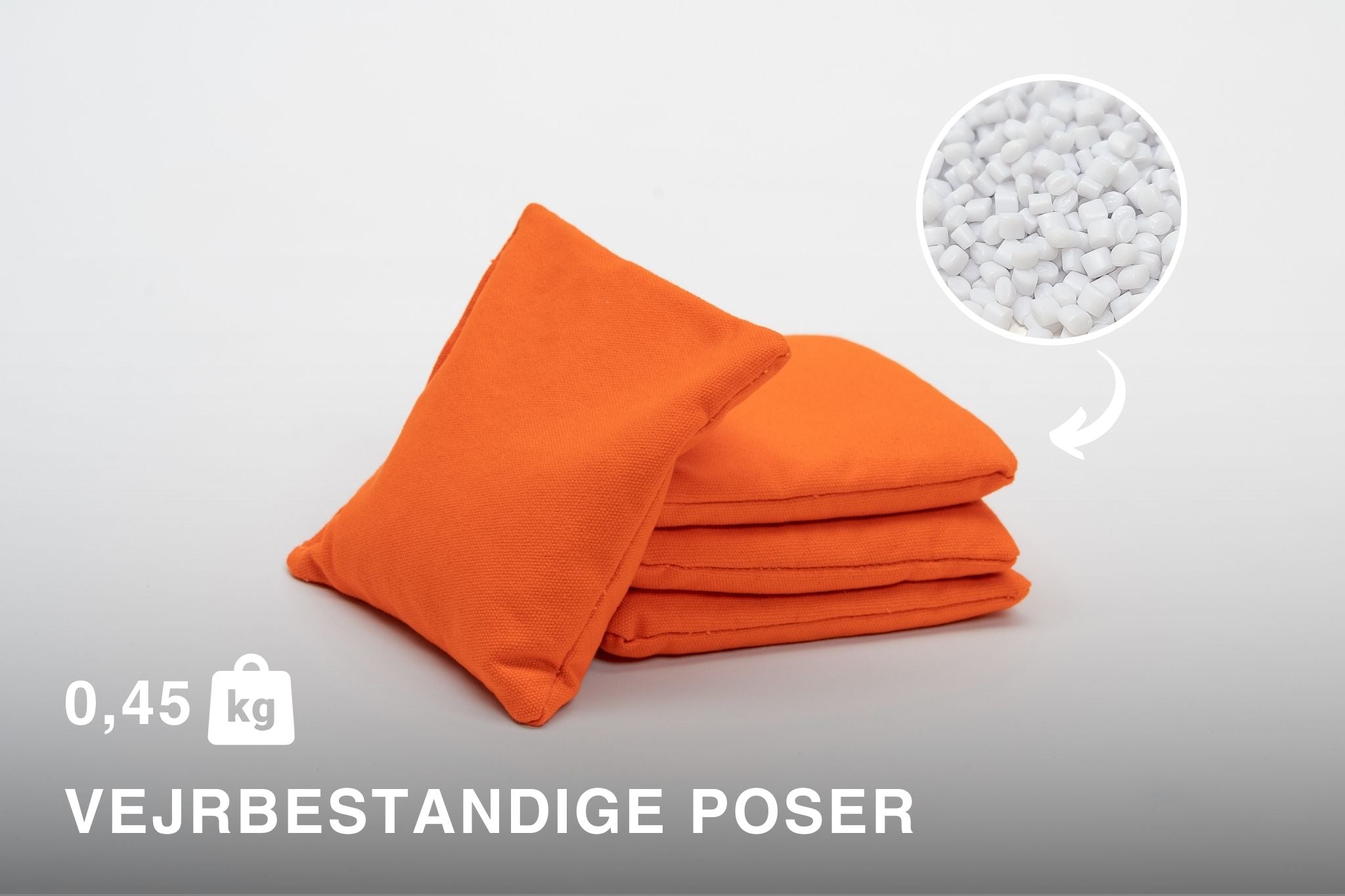 Billeder at hĂžj kvalitets cornholeposer i orange stof lavet i 100% bomuldscanvas som er slidstĂŠrkt fyldt med plastgranulat. Poserne er fra cornhole.dk og er cornholeposer.