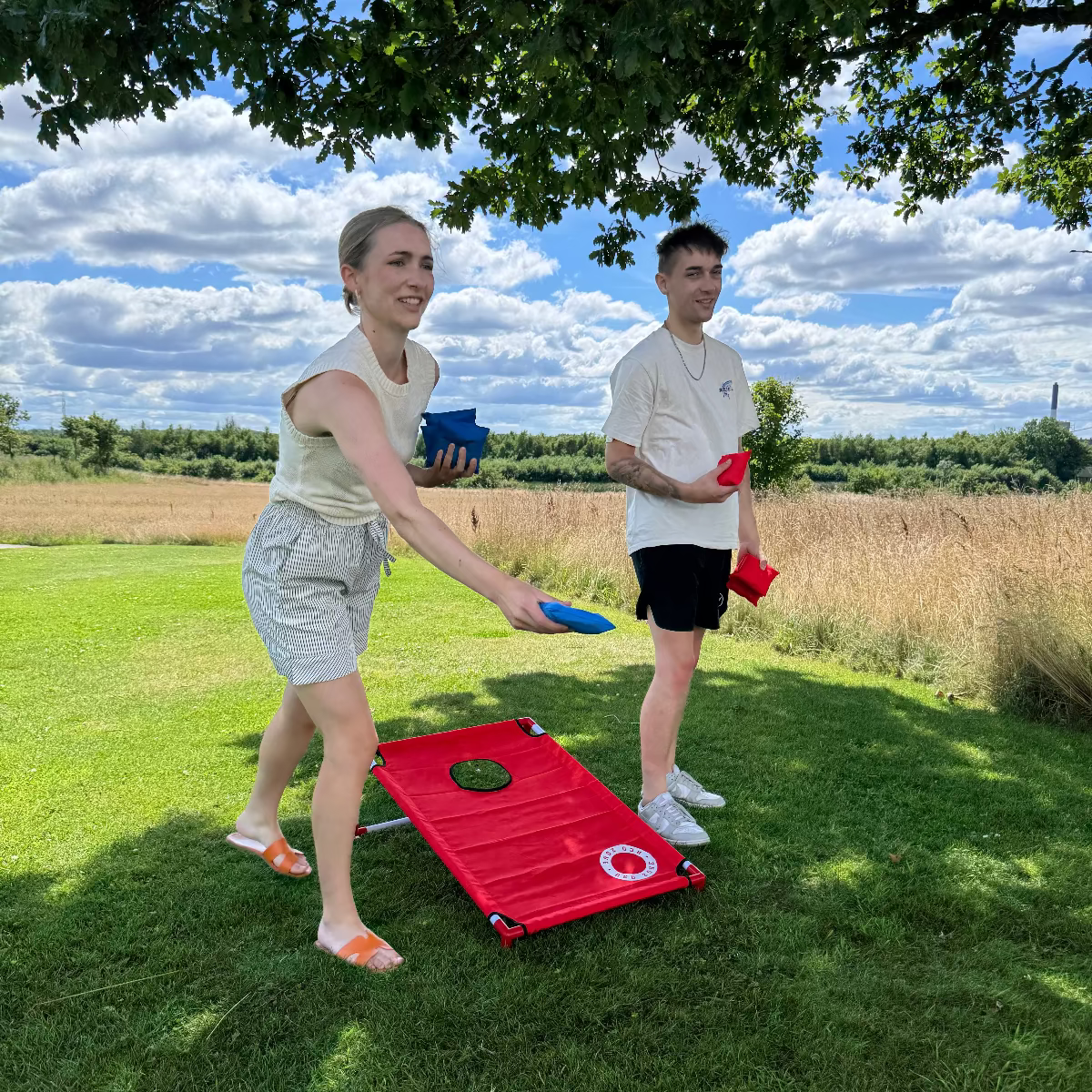Cornhole strand sĂŠt praktisk og smart lavet i stof og pvc spiller ĂŠrteposekast i haven grĂžnt grĂŠs og sommer
