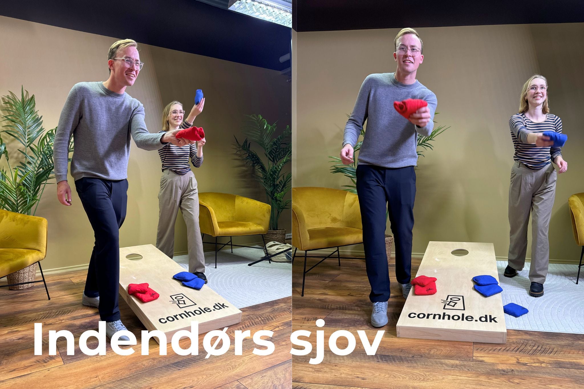 Officielt cornholespil fra cornhole.dk i stÞrrelsen 120x60 cm spillet indendÞrs med to personer som kaster med Êrteposer i rÞd og blÄ, spil i hÞj kvalitet til underholdning indendÞrs