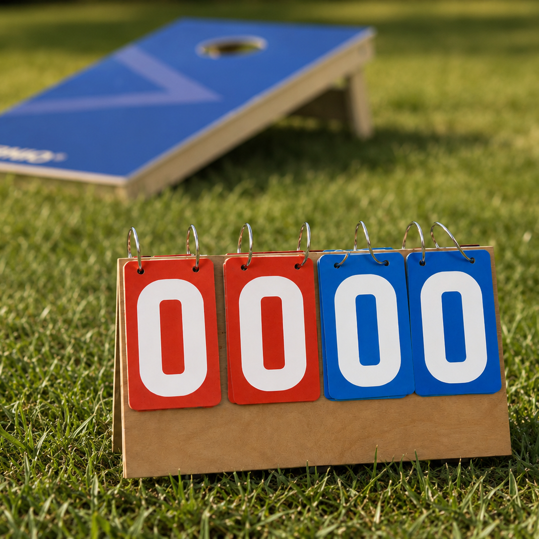 Flip pointtavle til cornhole står på græs 
